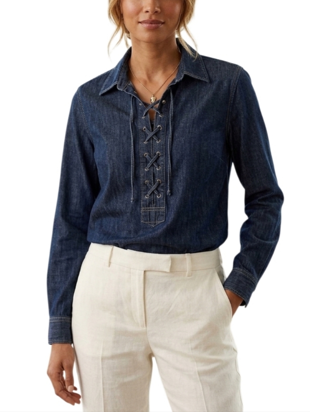 LAUREN RALPH LAUREN Dark Wash Long Sleeve Denim Tunic Top Lace Up Front Detail